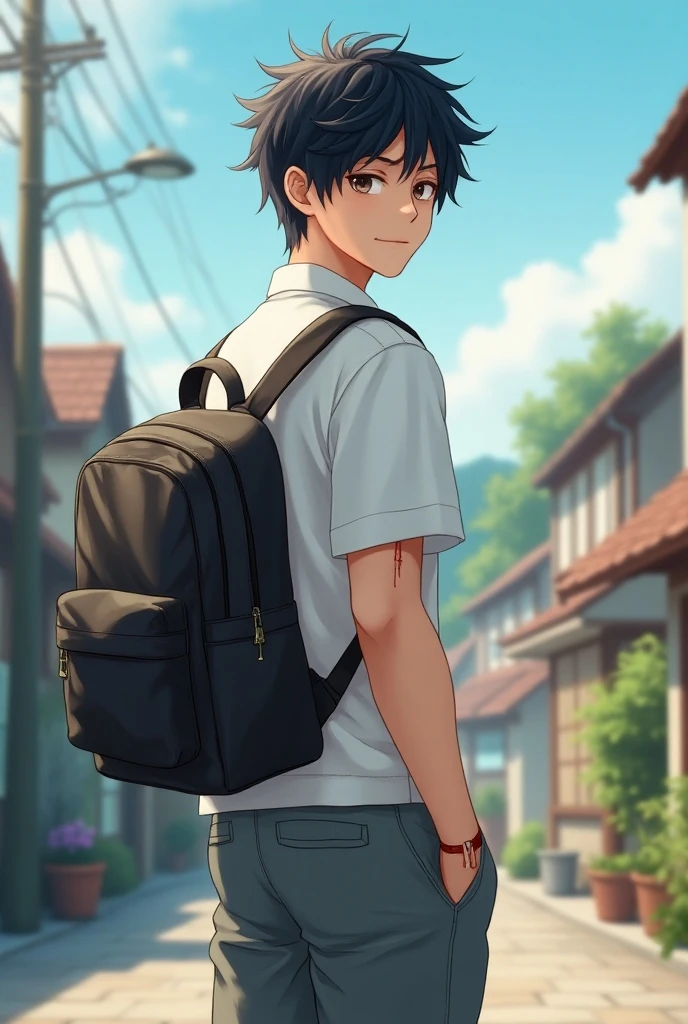 middle school boy, black hair, ((peeing stain)), standing, determined, embarrassed expression, standing in front of a beautiful sunset, holding a book and a backpack, exploring the world. [Masterpiece:1.2], vibrant colors, realistic depiction, soft lighting, exquisite details, capturing the captivating moment, facing the camera, school uniform