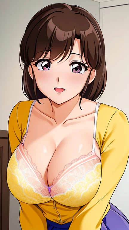 Tense_Kasumi, yellow_shirt_blue_high waist_skirt, Alone,  big breasts,,  masterpiece,  The best quality , detailed face,(Pink lace bra),  detailed eyes , highres,Perfect face, Perfect body,big ,smiling, session, upper body , cleavage ,open dress,open clothes, (show ),Perfect 