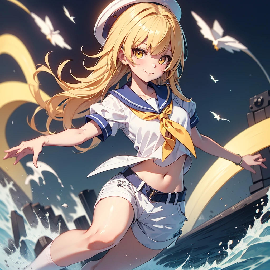 Twin-tailed golden-haired girl in sailor suit, Visible navel, Wear a hat and pants.a drawing of an anime character, clean line drawings, ultra cute girl, ultra cute face, ultra detailed eyes, ultra detailed hair, ultra cute, ultra beautiful, ((high end)), (UHD picture), (best quality,4k,8k,highres,masterpiece:1.2), top-quality(​masterpiece), top-quality, ultra-detailed, highly detailed texture, intricate details, high quality textures, masterpiece, best quality, perfect quality, perfect anatomy, perfect body, perfect symmetrical face, perfect hands, perfect feet, (two arms:1.2), (two legs:1.2), (five fingers each:1.2), (perfect joint:1.2), perfect joint movement, precise fingers and hands, 1 beautiful girl, 1 girl, alone, solo, , , ((())), ((ish)), (Best Quality, hight resolution), extremely detailed and lifelike, Vibrant colors, simple background, white socks, blonde hair, hat, blue sailor collar, twintails, sailor collar, sailor hat, yellow eyes, marine costume, short sleeves, shirt, blue neckerchief, white headwear, sailor, white shirt, white shorts, neckerchief, smile, Chiyuri