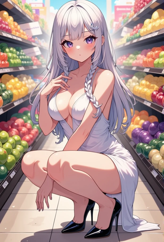 A sexy woman squatting at a grocery store, in the middle of the fruit isle. She has an hourglass body shape, wide hips, slender waist, medium breasts and bubble butt. She has beauty purple eyes, long white hair styled in twin braids. She wears a sexy tight fitting white dress, black high heels. She is looking at the viewer in a slutty squatting pose, cleavage, panty shot, upskirt