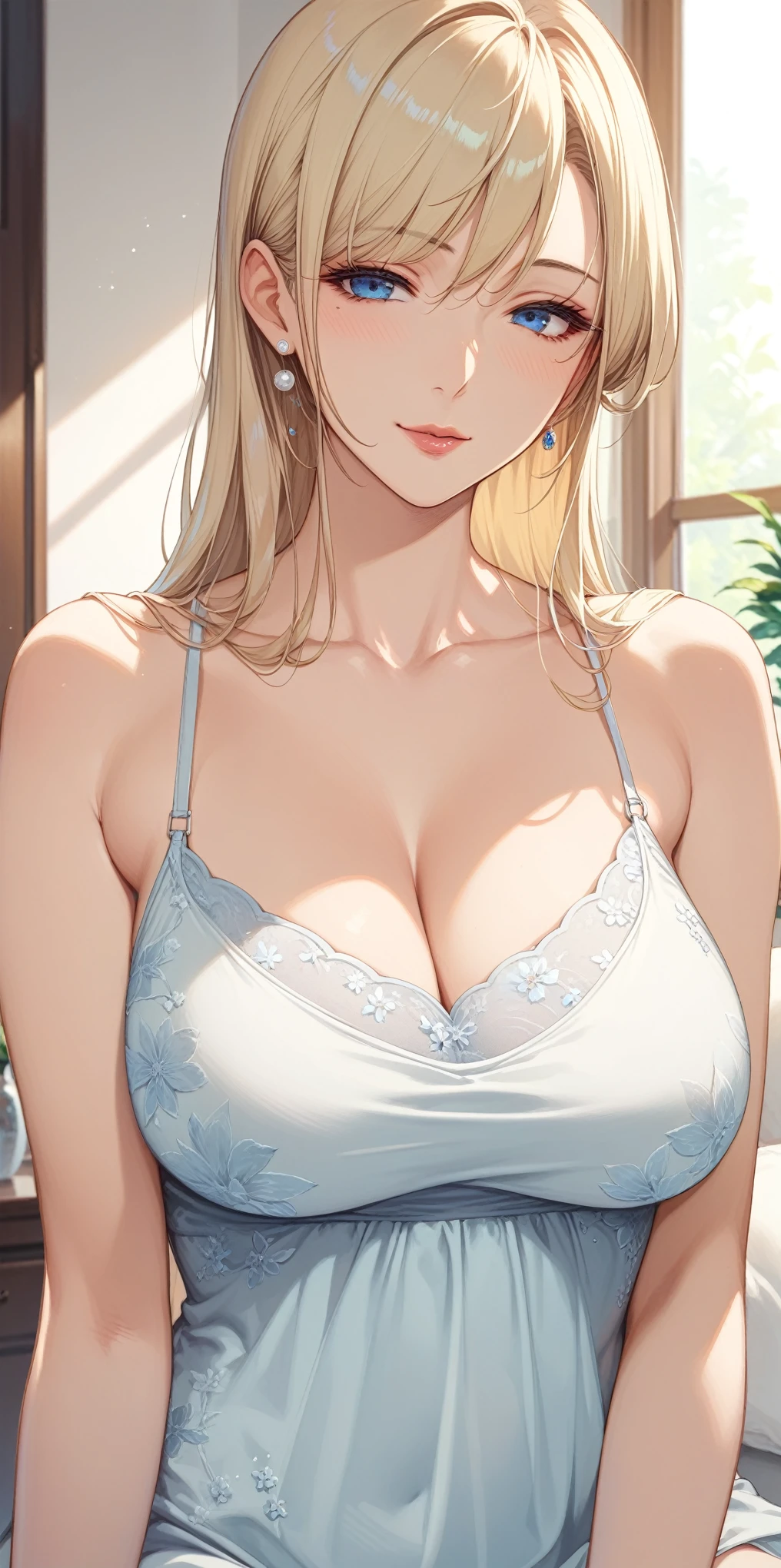 score_9, score_8_up, score_7_up, blonde, long hair, blue eyes, perfect eyes, anime milf, elegant mature woman, wise face, thin camisole, home, soft light