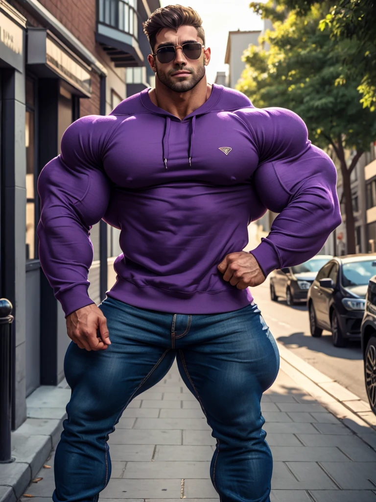 a very handsome, muscular man, sunglasses, massively muscular, massively large muscles, massively large biceps, massively large arms, massively large chest, wearing a purple sweatshirt with long sleeves, standing sideways on a sidewalk, close portrait