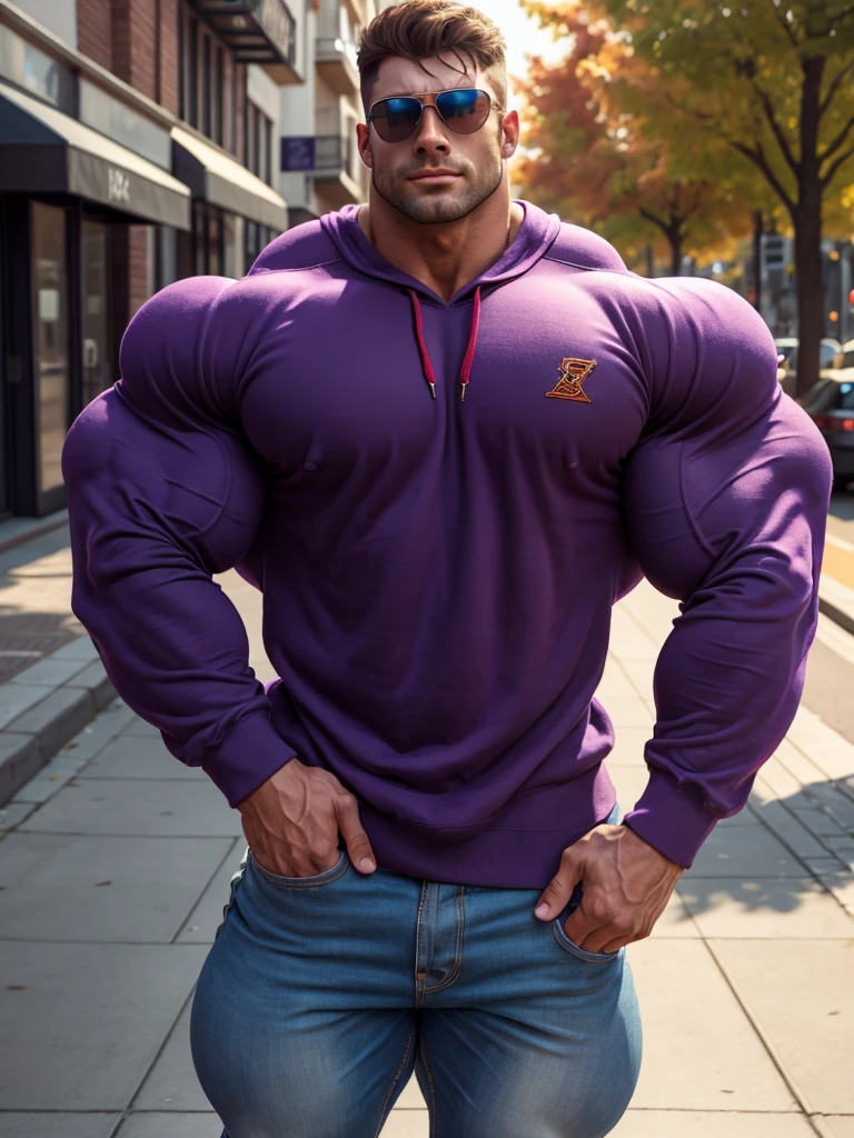 a very handsome, muscular man, sunglasses, massively muscular, massively large muscles, massively large biceps, massively large arms, massively large chest, wearing a purple sweatshirt with long sleeves, standing sideways on a sidewalk, close portrait