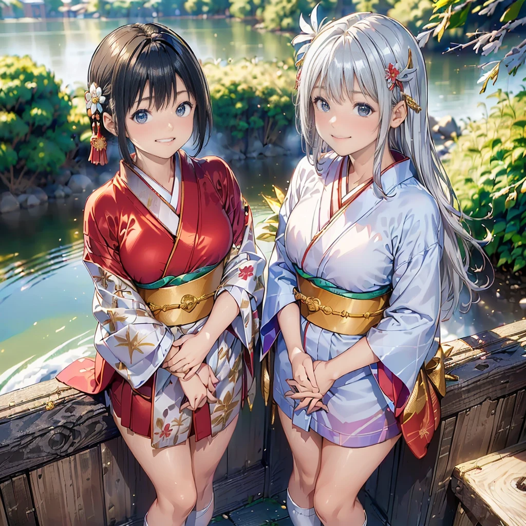 hight resolution, absurdres, best_Quality, Ultra_Detailled, 8K, extremely_clear, photo, beautiful, Beautiful face, Scharp Focus, HDR, 1girl, Clean eyes, very wide-eyed,old japanese town in the mountains in the background , Beautiful face, very red areola, standing , very seductive pose, very young, teen, no bra, bare chest, , naked, No Top, NSFW, gray hair with ponytail, bare, no clothing, small tits