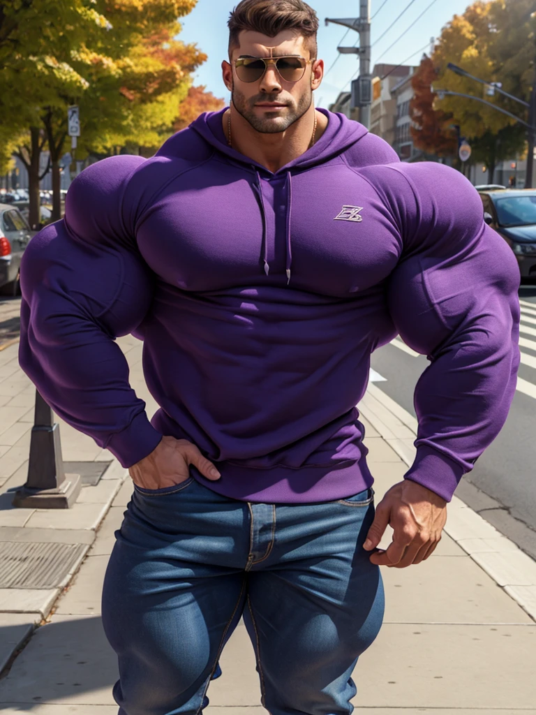a very handsome young man, mid fade haircut, with massively large muscles, massively muscular, wearing a simple purple sweatshirt with long sleeves, leaning against a wall in a rainy city