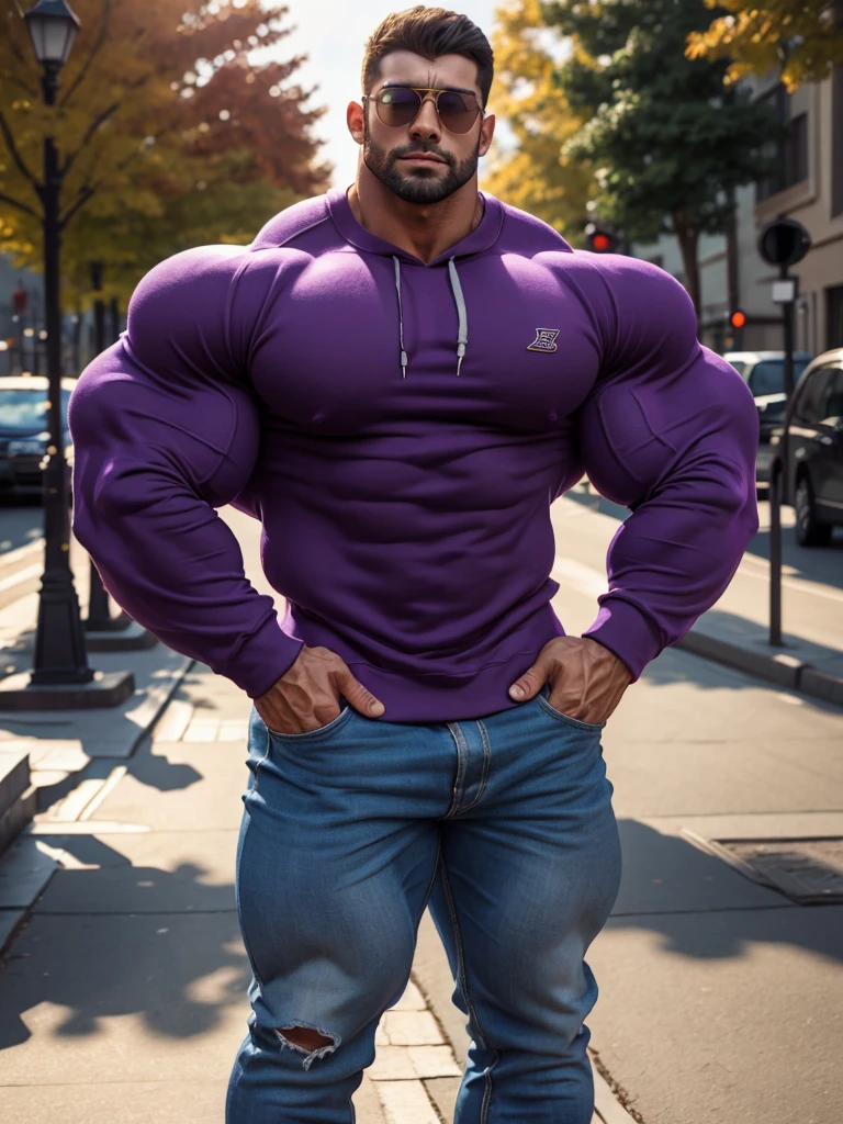 a very handsome, muscular man, sunglasses, massively muscular, massively large muscles, massively large biceps, massively large arms, massively large chest, wearing a purple sweatshirt with long sleeves, standing sideways on a sidewalk, close portrait, bara