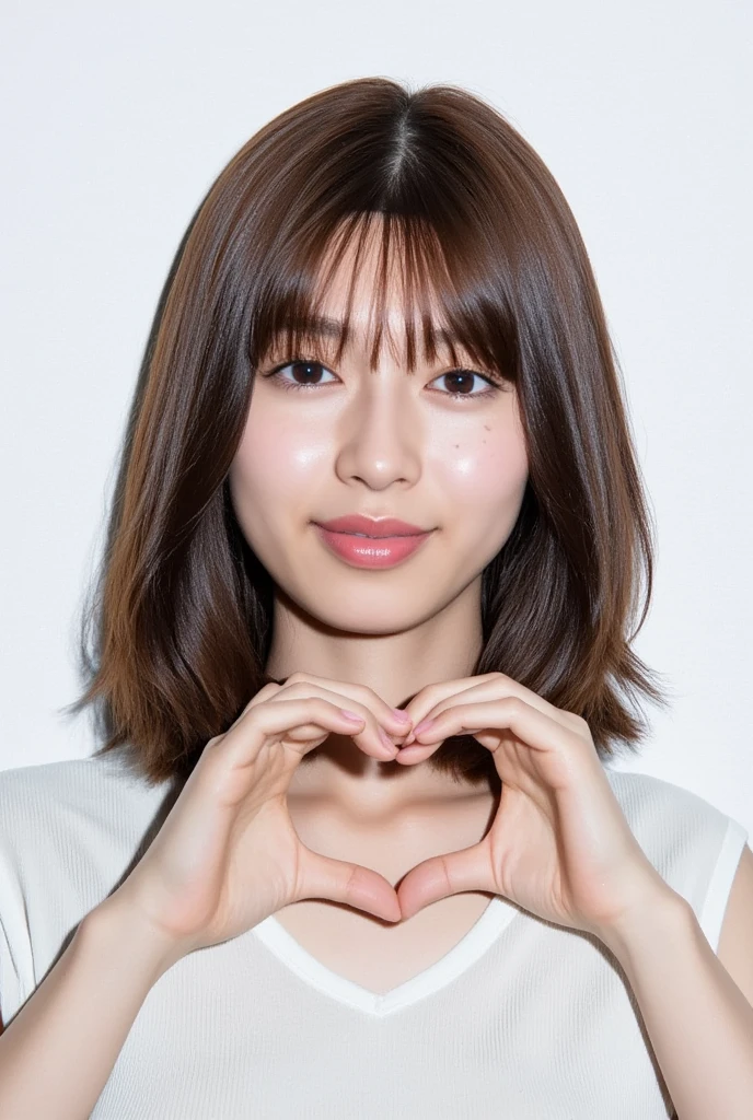  Smiling face making a heart shape with her hands:2.0、Instagrammable:1.2 (Super accurate humility、RAW Photos、8k、32K、masterpiece、Realistic、  photoreal:1.37)、Cute Japanese women images、Tank tops、Photographed in natural light、  upper body、1 girl、Photo Mapping、 Physically Based Rendering、Excellent image quality、  High Resolution  、1080P、(Beautiful Face)、(Detailed description of the face)、( Detailed description of the hand setter&#39;Muscle area)、(Detailed CG)、Rich details、( great features :1.35)、(Detailed eyes)、 I'm looking forward to your eyes、Delicate clavicle、Various poses、非常にリアルで詳細な若い女性の  upper bodyポートレート。The skin is beautiful、Soft light is reflected in the high part of the cheek.、 Tiny pores and hair follicles、 Even the tiniest blood vessels are visible。The skin is smooth、Natural flushing of the cheeks、Gives a healthy glow。 The eyes are large and clear blue、 The iris has fine patterning、 Light is reflecting and shining in the eye。 There is a slight shadow under the eye、 Her eyelashes are long and naturally curled。 Her lips are a soft pink color、 Smooth texture and natural glow、 Slightly reflects light。 The woman is wearing a simple white top.、 The background is a pale monochrome gradient.、焦点は完全に顔と  upper bodyに当たっている。Realistic shadows and textures、Photographic depiction.。