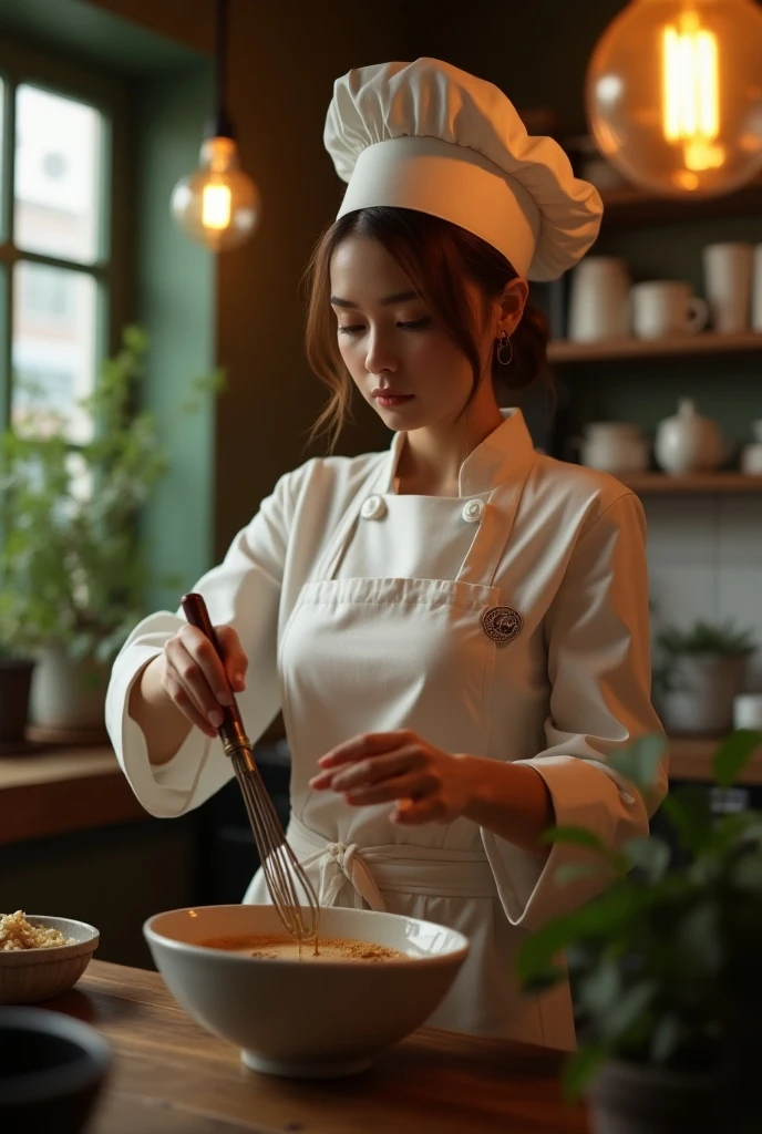 (photorealism:1.2), beautiful woman wearing an
Apron with chef hat facing the camera holding a whisk on right side and mixing bowl on left. While inside a cafe with few plants, incandescent bulb and near window