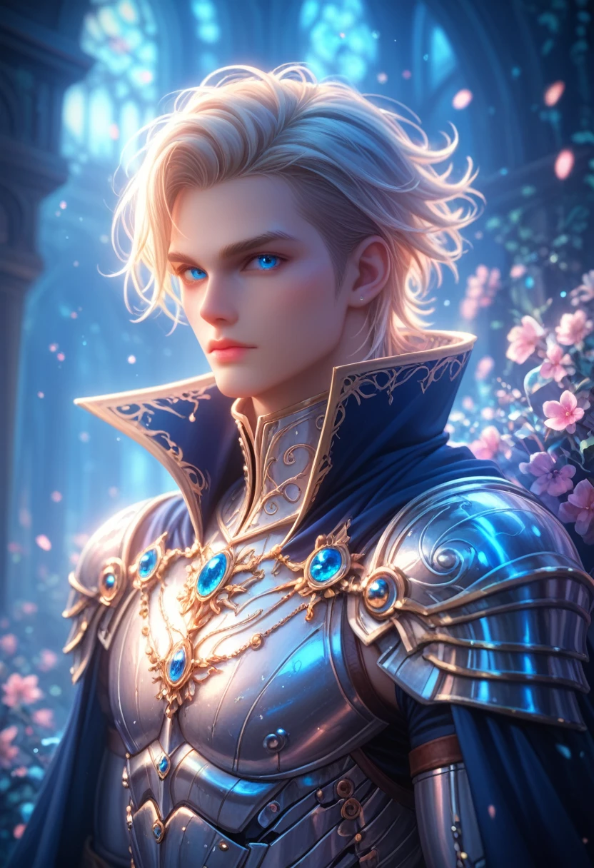 masterpiece,  better quality, 1 person, adult, male focus, One,  medium blond hair, bright blue eyes, gloves,   Looking at the viewer , cloak, High quality metal texture, semi-metallic armor, closed mouth, black metalic gloves,  upper body, bang, high collar,(kbxll:0.6), Fantasy aesthetics,  highly detailed 