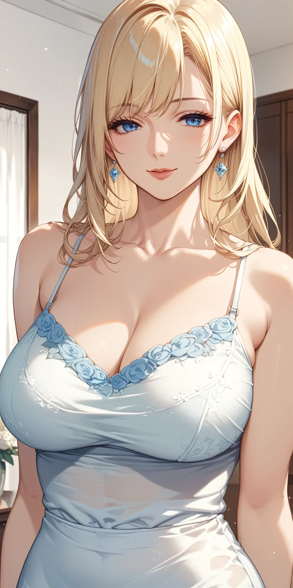 score_9, score_8_up, score_7_up, blonde, long hair, blue eyes, perfect eyes, anime milf, elegant mature woman, wise face, thin camisole, home, soft light