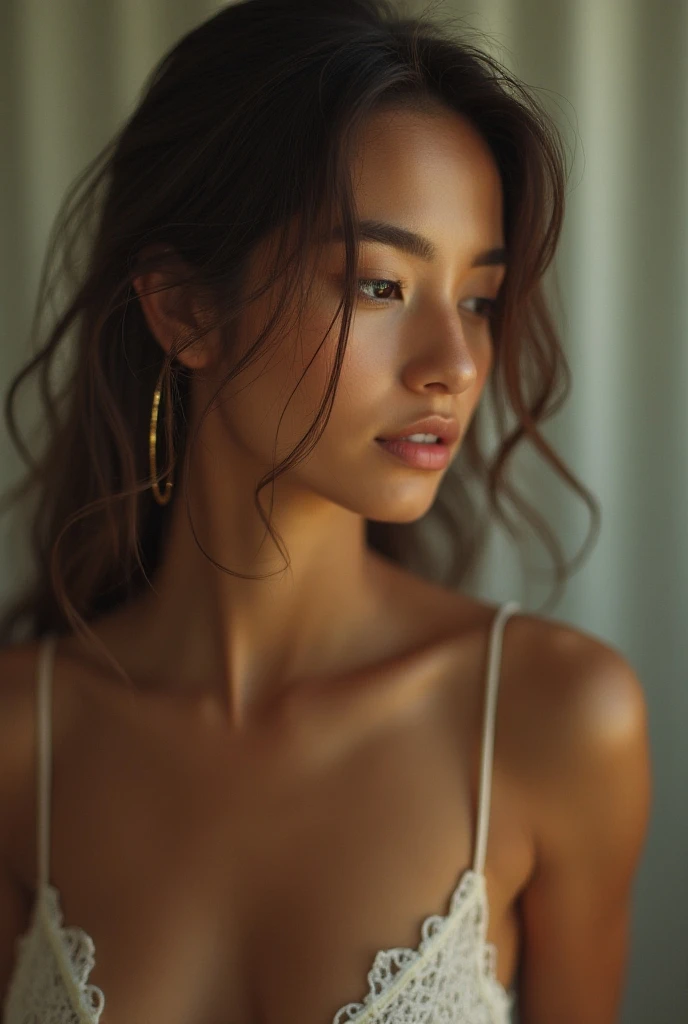 A young 19-year-old woman named Lila Nakamura with a Northern European heritage. She has thick dark black eyeliner, glossy lips, and a cute, endearing expression. She has straight, blonde hair with blonde highlights that falls just past her shoulders, styled in a neat and polished manner. Her eyes are almond-shaped with a light, striking blue color, accentuated by subtle eyeshadow and mascara. Her skin has a light tone with a natural, fresh look, and she has a few delicate freckles across her nose. She is nude with very small breasts, perky nipples, and accessorized with small gold hoop earrings. The background is a neutral studio setting with soft lighting to highlight her features, 50mm lens, visible breasts, visible hips
