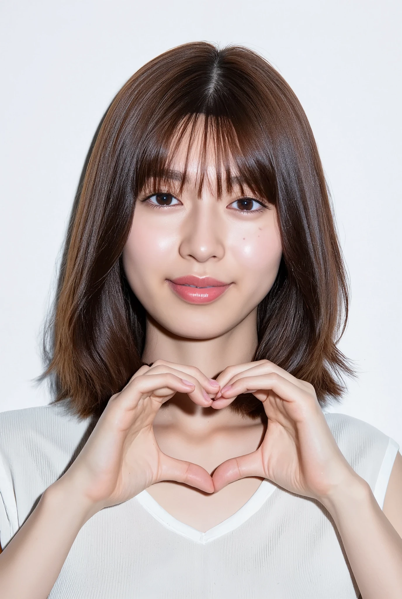  Smiling face making a heart shape with her hands:2.0、Instagrammable:1.2 (Super accurate humility、RAW Photos、8k、32K、masterpiece、Realistic、  photoreal:1.37)、Cute Japanese women images、Tank tops、Photographed in natural light、  upper body、1 girl、Photo Mapping、 Physically Based Rendering、Excellent image quality、  High Resolution  、1080P、(Beautiful Face)、(Detailed description of the face)、( Detailed description of the hand setter&#39;Muscle area)、(Detailed CG)、Rich details、( great features :1.35)、(Detailed eyes)、 I'm looking forward to your eyes、Delicate clavicle、Various poses、非常にリアルで詳細な若い女性の  upper bodyポートレート。The skin is beautiful、Soft light is reflected in the high part of the cheek.、 Tiny pores and hair follicles、 Even the tiniest blood vessels are visible。The skin is smooth、Natural flushing of the cheeks、Gives a healthy glow。 The eyes are large and clear blue、 The iris has fine patterning、 Light is reflecting and shining in the eye。 There is a slight shadow under the eye、 Her eyelashes are long and naturally curled。 Her lips are a soft pink color、 Smooth texture and natural glow、 Slightly reflects light。 The woman is wearing a simple white top.、 The background is a pale monochrome gradient.、焦点は完全に顔と  upper bodyに当たっている。Realistic shadows and textures、Photographic depiction.。