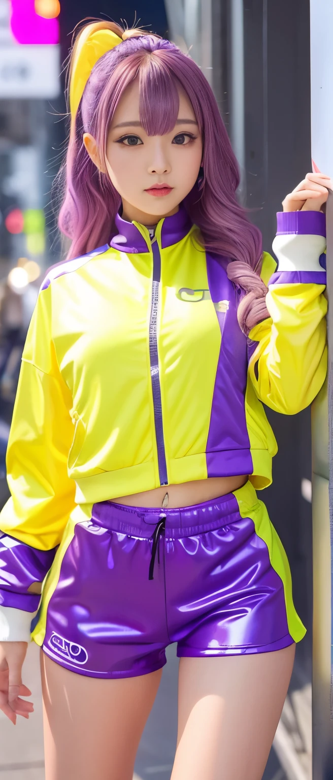 Sporty Cyber Idol Girl、whole body、 Good style、、、、、、、、、、Thick legs、、 track jacket(Shiny Purple and Fluorescent Yellow )、Tight shorts、、A pure girl's face、、