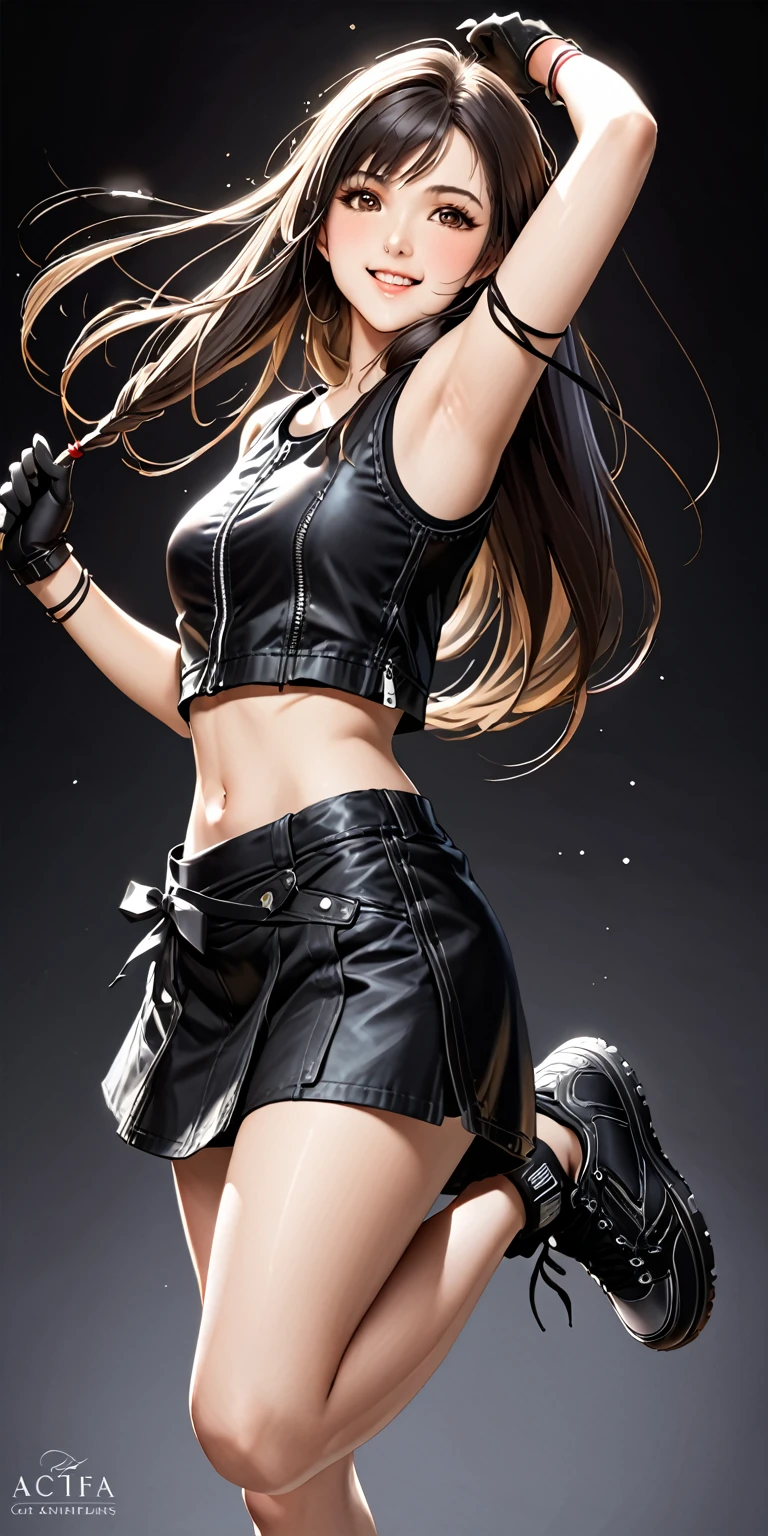 (masterpiece,Highest quality,Ultra-high resolution),(((A very beautiful girl))), , acTifa, brown eyes, long hair, black shirt, black tank top, zipper, black skirt, midriff, black shorts, black gloves, arm ribbon, black sneakers, dynamic pose, sexy pose, blush, sexy smile, hair blowing in the wind, steam:1.3, black background 