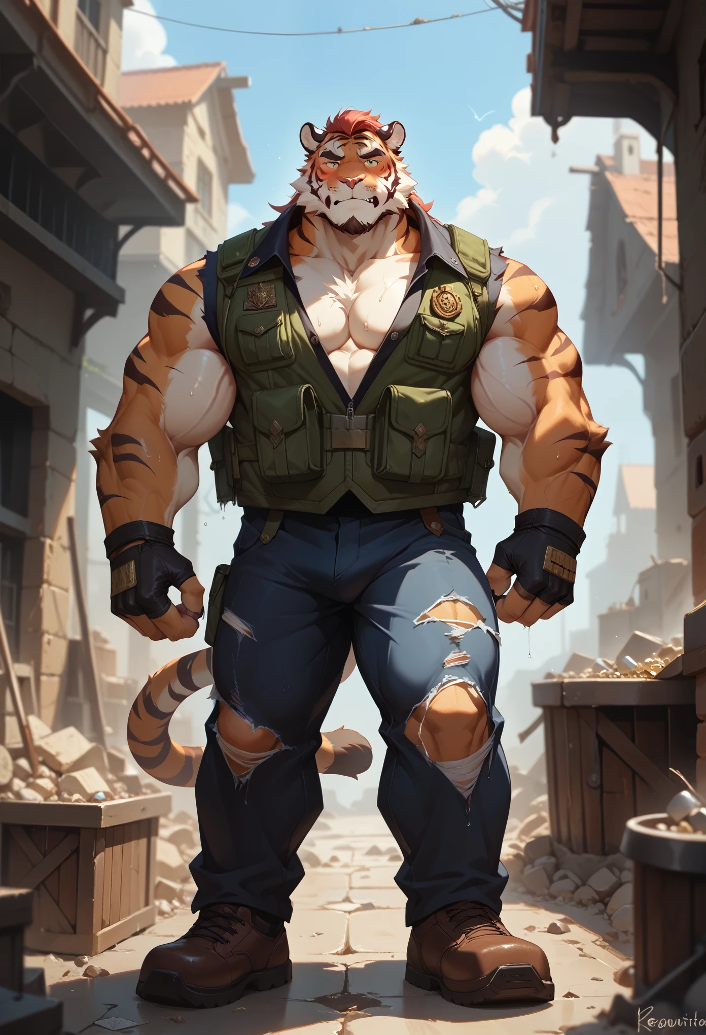 Best quality, masterpiece,ultra high res,detailed background,realistic, real shadow and light,depth of field, looking at the viewer, strong arm and veins, Close up, there is a male tiger, there are standing at sidewalk, commission for high res, bare chest, anthropomorphic, muscular chest, highly detailed full body, strong and imposing, detailed full body, muscular character, extra detailed body, macho pose, body detailed, (looking form beside), wet body, sweaty, beard, bulletproof vest, huge crotch, body hair, red face, blushes up, standing at sidewalk, abandoned town, bare chest, older, elder, beard, erection, erection under his pants, embarrassed, black gloves, close up, open vest, open chest, fluffy, treasure trail, chest hair, torn trousers, torn vest, damaged vest, 