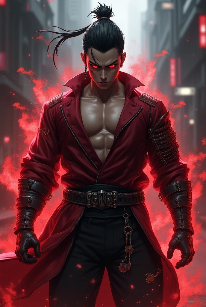 1 boy, meditating, monk, chained to the ground, cuffs, shackles on neck and limbs, red background, red eyes, glowing eyes, anger, defiant pose, looking at viewer, looking down, simple background, ultra-detailed, long sleeveless black suit, muscular, tough, damaged, wounds, kneeling, black and red theme, black and red theme, red hot chains, tattoos, prison, pentagon on ground, satanic