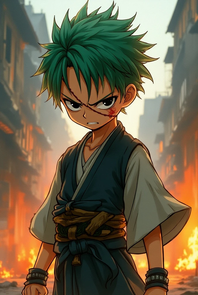 Skinny muscular dark-skinned boy with green hair and katana sword 