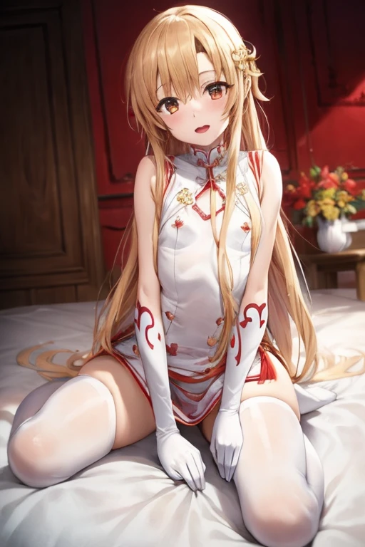 ((Best Quality)), ((masterpiece)), (be familiar with),  perfect face, indoor, bedroom, Watching the audience,
One woman, Yuuki Asuna,
Open Mouth, Ecstatic expression, blush, smile,
Small breasts,  flat chest, , , child, Girl,
Long Hair, Long Hair,
Leg spread,