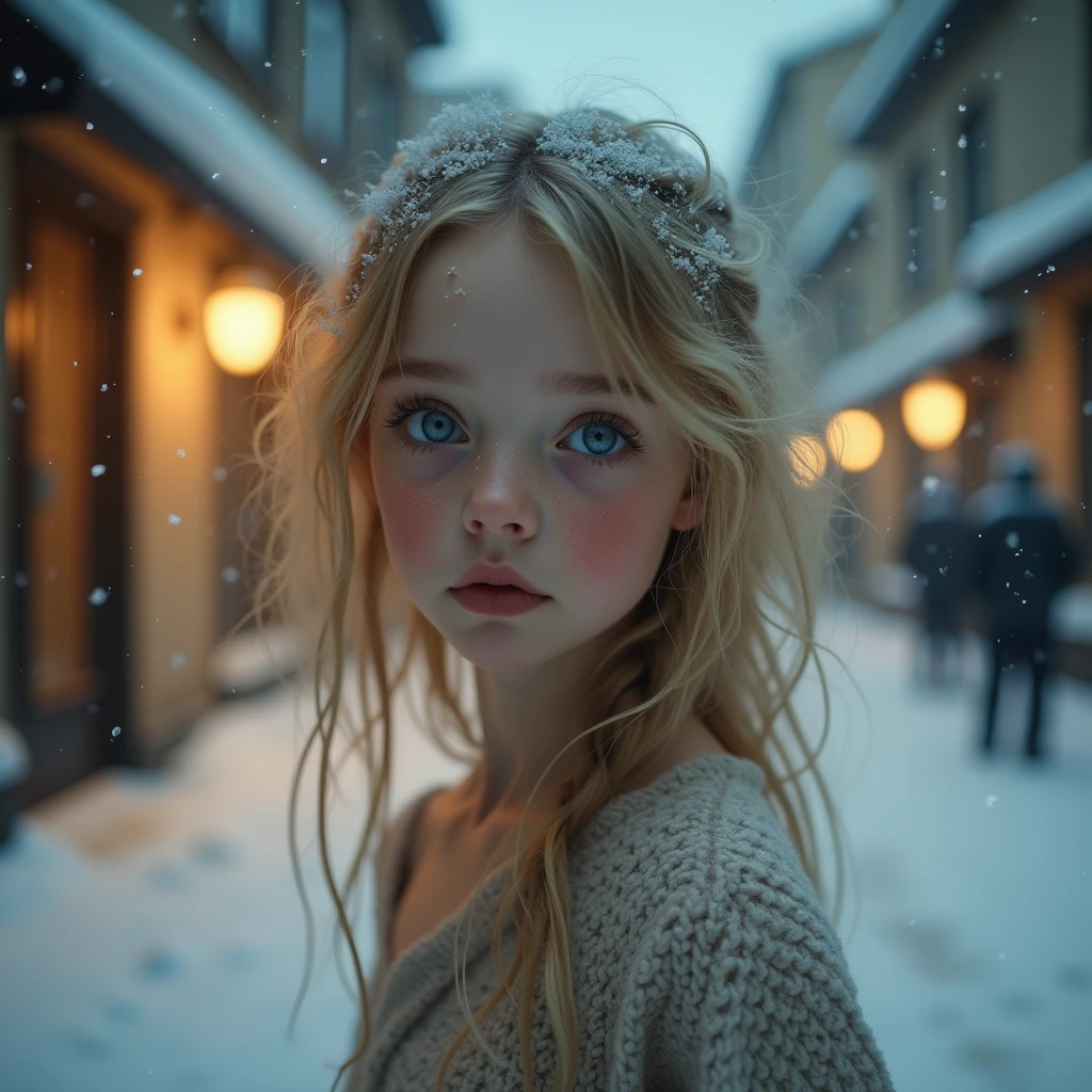 masterpiece, Best quality, 13 year old Russian girl, , blonde, curly, Uncombed medium length hair, Snow in wet hair , Short dress with long sleeves, Bracelet on the left wrist, necklace on the neck, Black openwork stockings, high heel shoes, His skin was covered in goosebumps, Kneeling in deep snow in the middle of a winter forest, look into the distance, snowy wild forest, Cold, snowing, Beautiful face, to freeze, Lips turn blue, skinny body, slender legs, steam from the mouth, tears on eyes, Mascara has run around my eyes ,grounded, scared look ,Deep Snow, Snowflakes are falling, The body turns red ,cold, tearful,