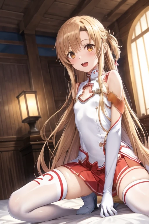 ((Best Quality)), ((masterpiece)), (be familiar with),  perfect face, indoor, bedroom, Watching the audience,
One woman, Yuuki Asuna,
Open Mouth, Ecstatic expression, blush, smile,
Small breasts,  flat chest, , , child, Girl,
Long Hair, Long Hair,
Leg spread,