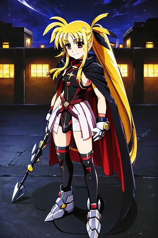 ((Best Quality)), (((Puella Magi Lyrical Nanoha Costume · Smile · Mechanical Axe · Black Cloak · City Center · Night