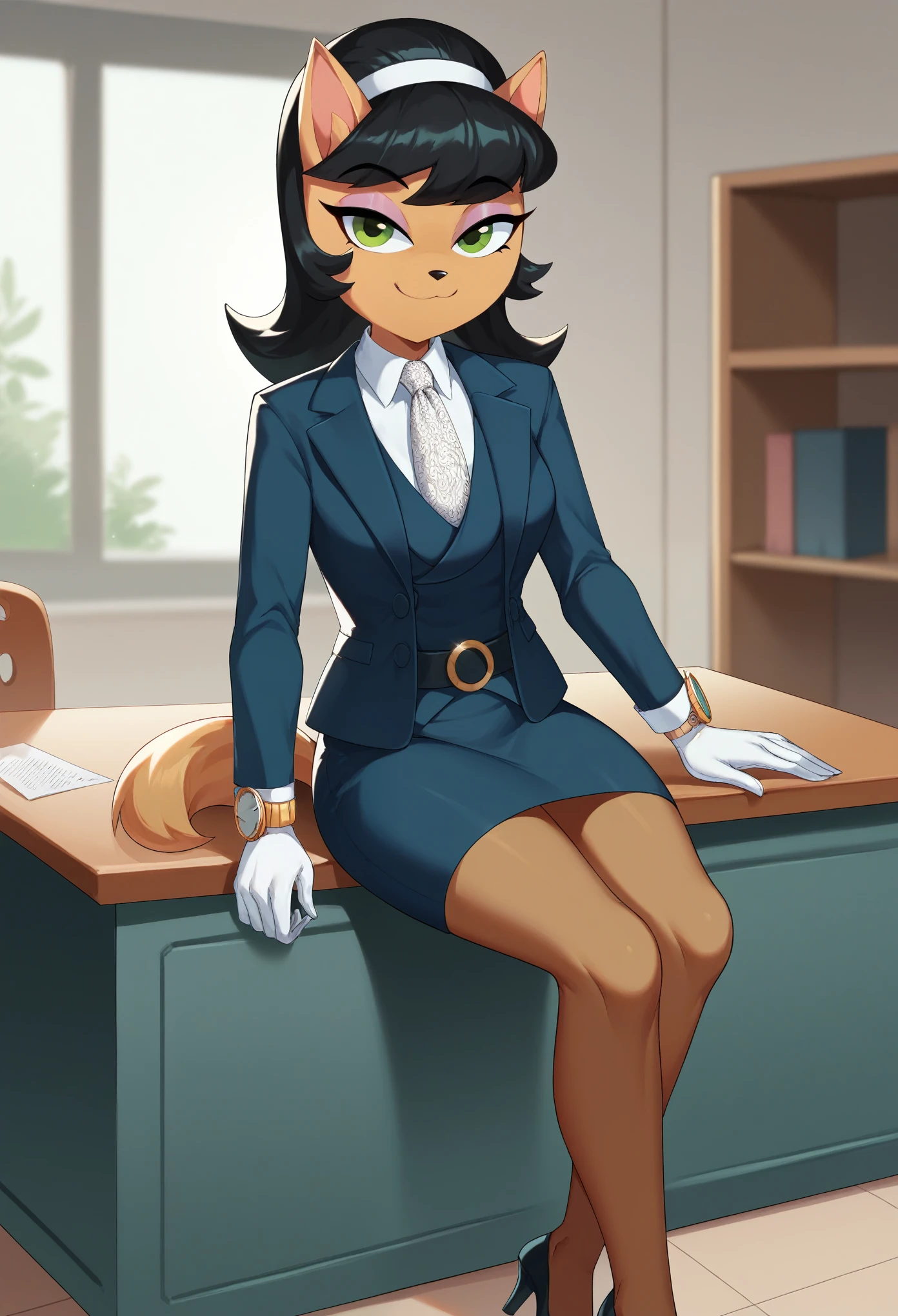 score_9, score_8_up, score_7_up, cartoon, BREAK, 1girl, solo, kittykatswell, furry, animal ears, hairband, white gloves,three-piece suit, 1girl, solo, smile, pretty, formal, jewelry,skirt suit, silk necktie, jacket, shirt, watch, jacket, (((light blue shirt with white collar))), skirt, makeup, black pantyhose, cufflinks, black lapel trim, high heels,belt,  smile, tail, sitting on desk, shiny eyeshadow