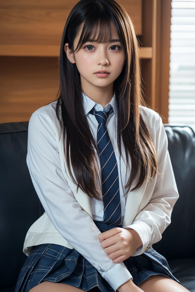 (8k, RAW Photos,Best Quality,  High Resolution :1.1), (超Realisticな:1.4),(Realistic, Realistic:1.3),Japanese beauty 1 girl, Alone, necktie, spread legs, skirt, sitting, school uniform, looking at viewer,  plaid, presenting, brown eyes, jacket, socks, striped, couch, striped necktie, shirt, skirt lift, lips, blue necktie, black hair, plaid skirt, clothes lift, white shirt, collared shirt, blazer, long sleeves, indoors, bangs, is, closed mouth, thighs, nose, blue jacket, brown hair, pleated skirt, blue skirt,(( upper body:1.3))