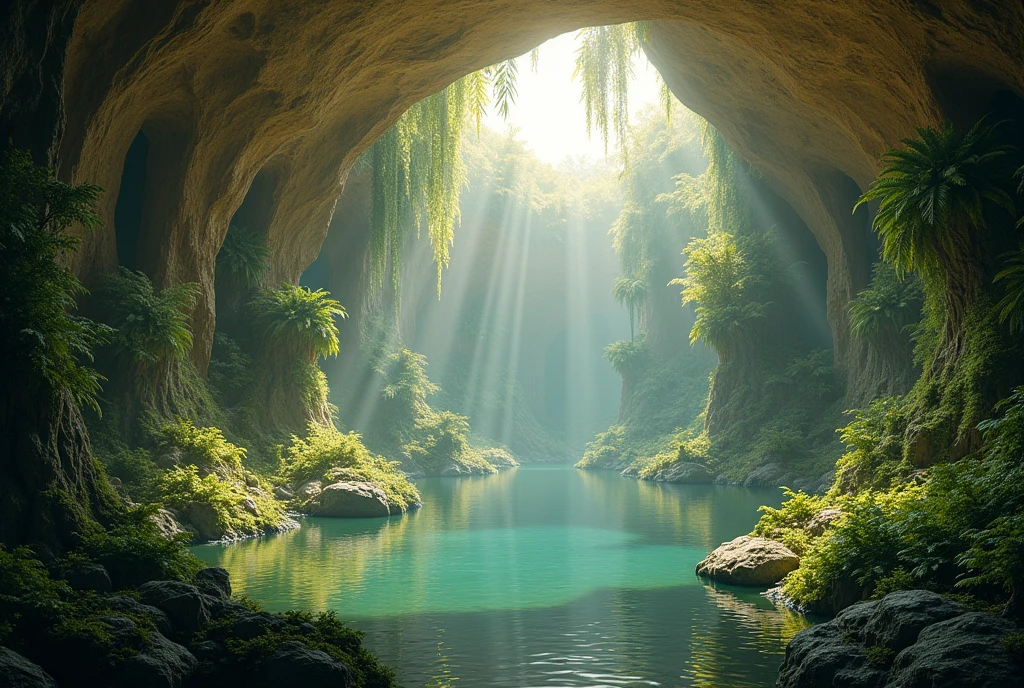 Underground world, text “Underground Paradise,” vast subterranean space, ceiling luminous in sand beige, trees growing around a warm underground lake,