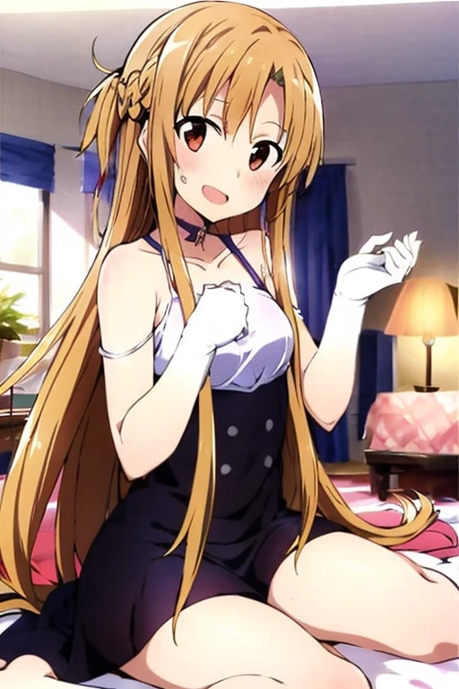 ((Best Quality)), ((masterpiece)), (be familiar with),  perfect face, indoor, bedroom, Watching the audience,
One woman, Yuuki Asuna,
Open Mouth, Ecstatic expression, blush, smile,
Small breasts,  flat chest, , , child, Girl,
Long Hair, Long Hair,
Leg spread,