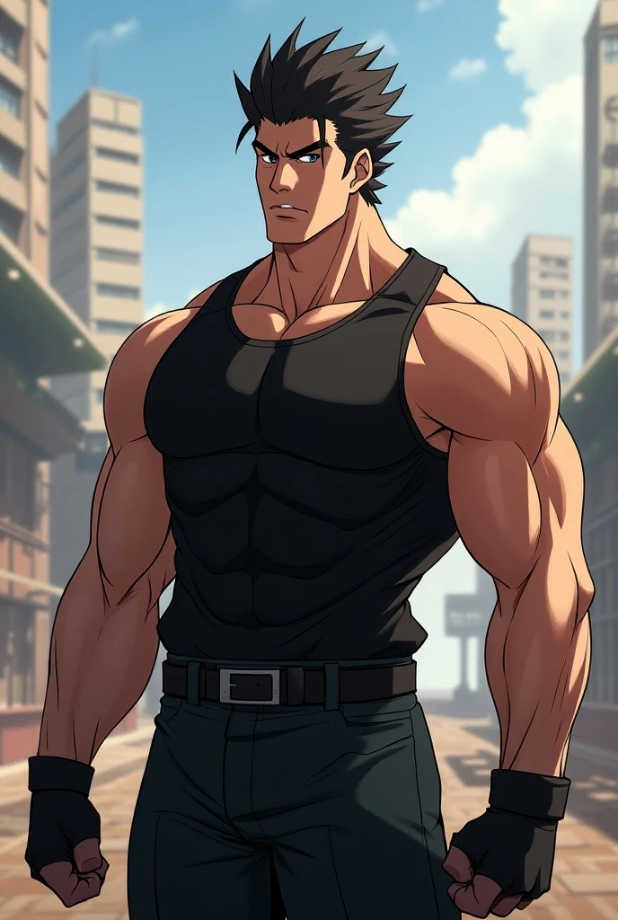 Create an anime style image, with an older man; Orange hair half black. Looking like a rough man, stark. muscular full body, black and dark outfits