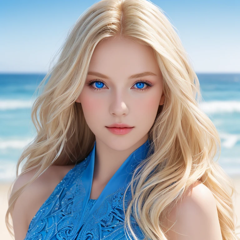 1 Girl Blond Hair Blue eyes Small boobs, cute face sexy pose on the Beach, UHD, masterpiece, anatomically correct, textured skin, super detail, high details, high quality, best quality, highres, 8k