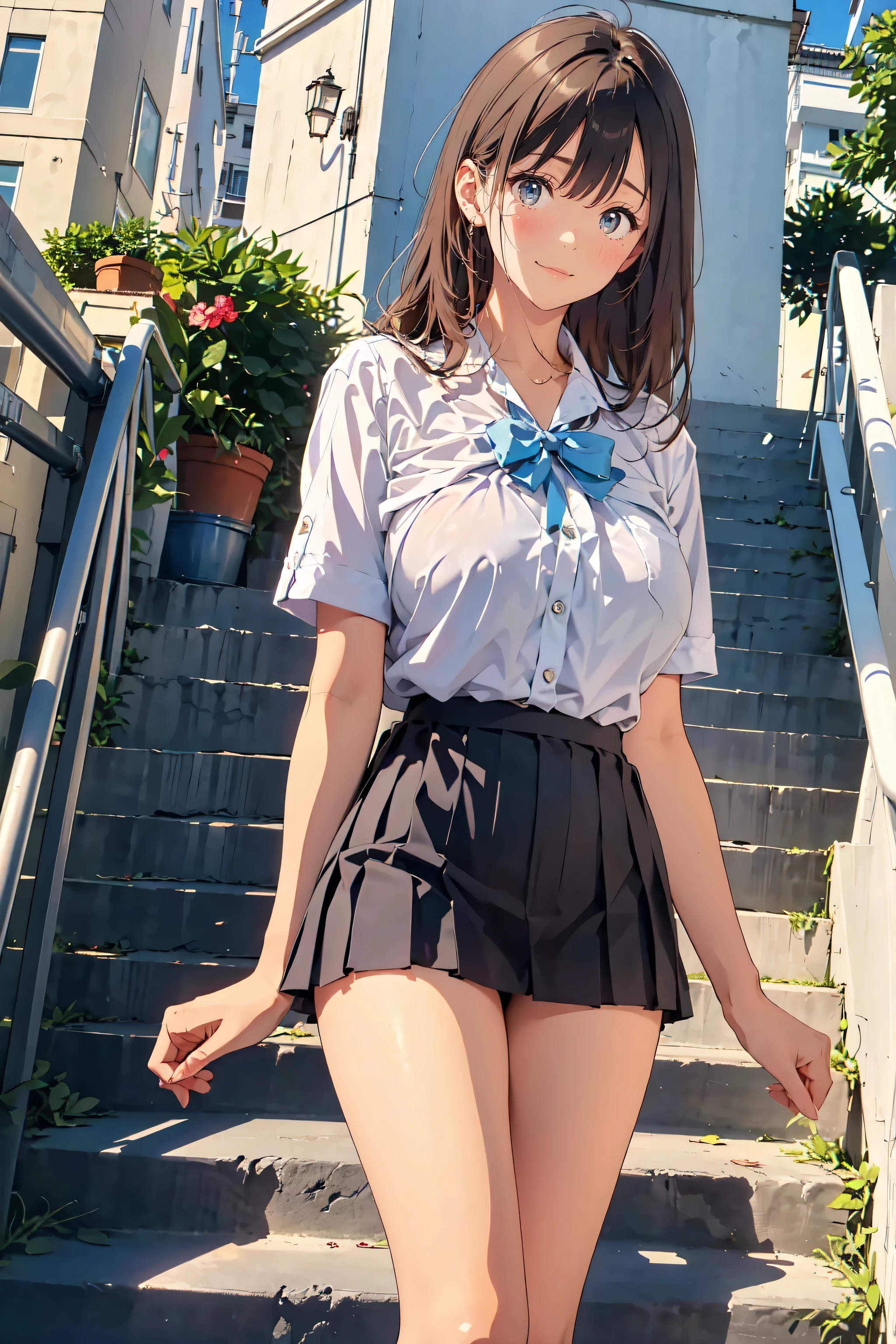 very cute and beautiful adult woman,23 years old, OL, ((Casual Suits)), Droopy eyes, Beautiful legs, Model body type, natural large breasts:1.5, ( very detailed美しい顔), (smile),Black Hair, Semi-long, Seraphim,( white shirt、Pleated skirt pread your legs),Sitting on the stairs, Open legs, show panties、(From below),( lace panties , Random Color), Stairs in the park、Distant Tree々and the city, (Best Quality,masterpiece:1.0), absurd, High Resolution ,Super detailed, very detailed,32K,8k resolution,  complicated details,Movie Scene, Detailed Background,Alone,Dynamic Angle,