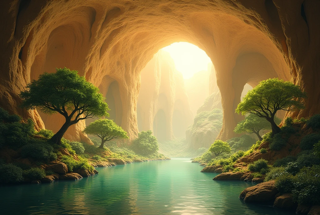 Underground world, subterranean paradise, vast subterranean space, luminous sand-beige ceilings, trees growing around a warm subterranean lake,