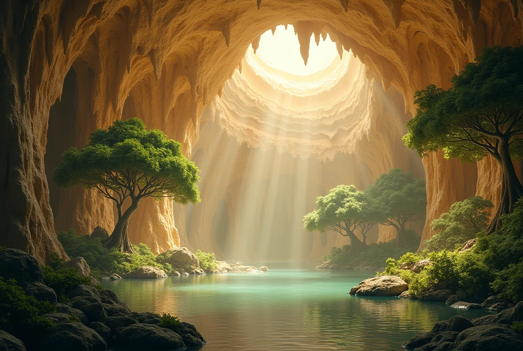 Underground world, subterranean paradise, vast subterranean space, luminous sand-beige ceilings, trees growing around a warm subterranean lake,