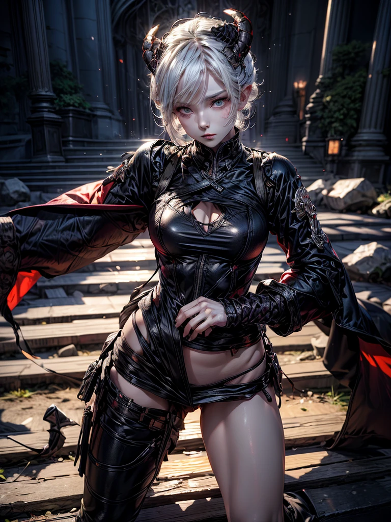 A cute girl, 8K resolution, portrait quality, rich details, pretty eyes, sword scene, wounds, D-cups, full breasts, fierce expression, short hair, 45° side full body shot, rose hair accessory, white hair, small round face, dominatrix outfit, strangled flesh on legs, fair skin, mood lighting, aperture f/1.2 nude, 5 finders hand, seductive