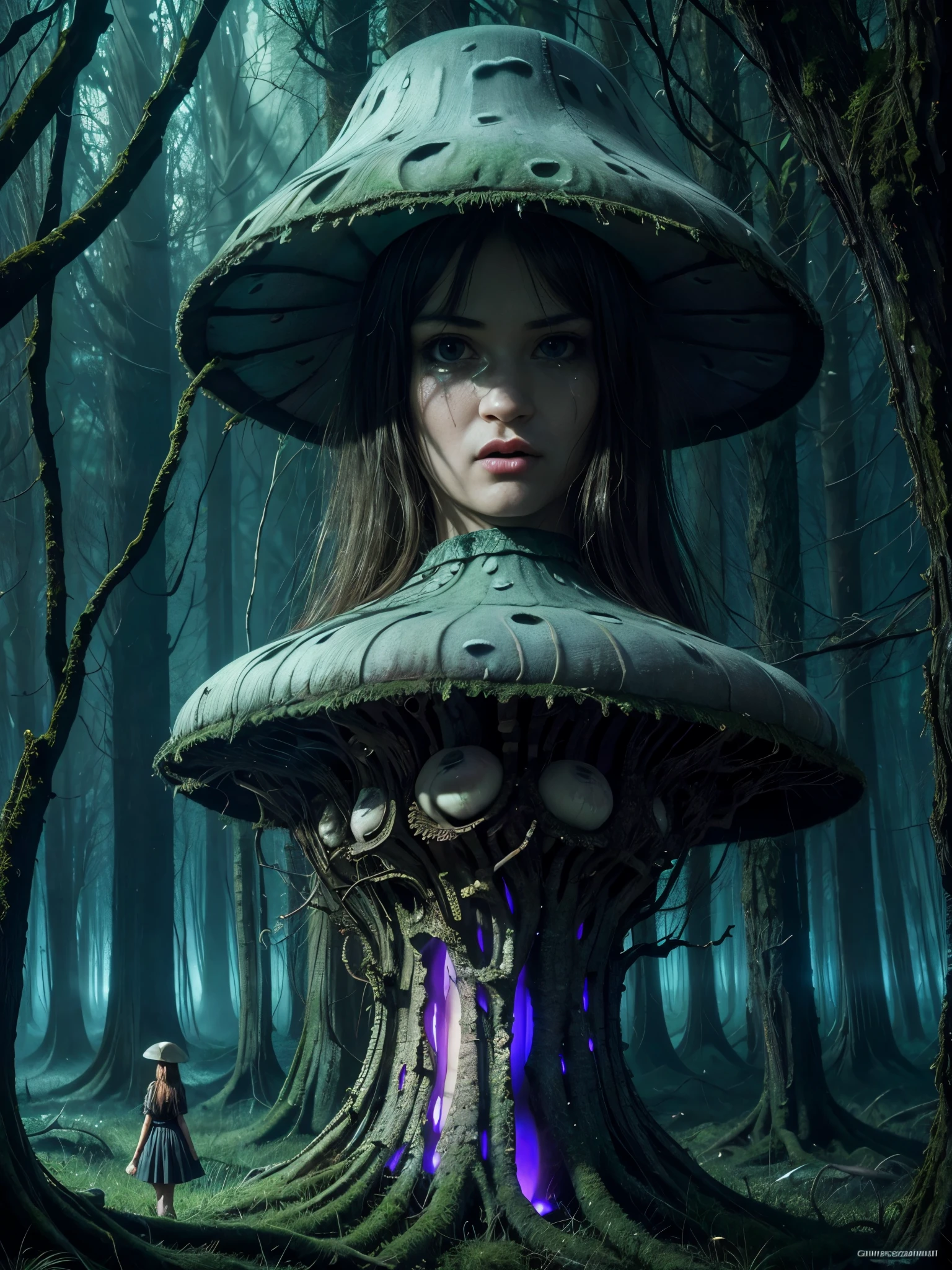 Generate images of creatures with humanoid body structures, But mainly composed of fungal elements. Its head resembles a big head, Dome-shaped crystal spring flower mushroom cap, fanciful, Colorful, Decorated with a luminous speckled pattern. Its arms are long, Flexible tendrils sprout from the shoulders, Able to be as vertical as a human hand. And not legs, It has a single, Thick, The stem is rooted in the ground. Its face is a small cluster, Bioluminescent spheres embedded in the bottom of the lid, Arranged in a way reminiscent of human facial features. photo-realism, ultra - detailed, 4K, A high resolution