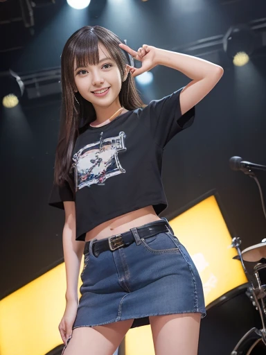 (8k), (Highest quality: 1.2), (Realistic), (Realistic: 1.37), Ultra-high resolution, 1 girl, 12 year old Japanese,cute, (A shy smile:1.2), (blush:1.4),Mouth closed, Beautiful details, Beautiful Nose, Silky Hair, Thighs,Navel exposed,t-shirt, denim skirt,Dancing on an outdoor stage,(Shiny Thighs:1.2),Medium Shot,(Blue over knee socks:1.2),(hair band:1.2)、Angle from below、Please stretch your legs and rest.., Naked Vagina,Sex、Ass Focus、Puffy nipples