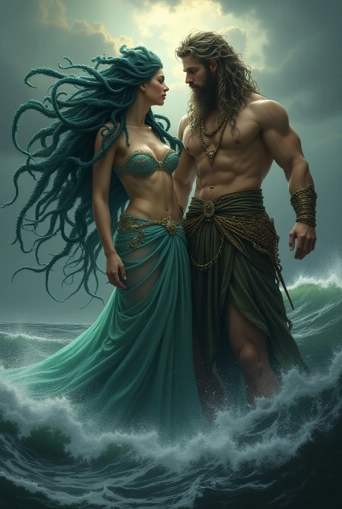 Create a tattoo of a woman wrapped in a hurricane as a hurricane goddess in front of a Spartan warrior man leaning towards her representing resistance, stability, balance and firmness