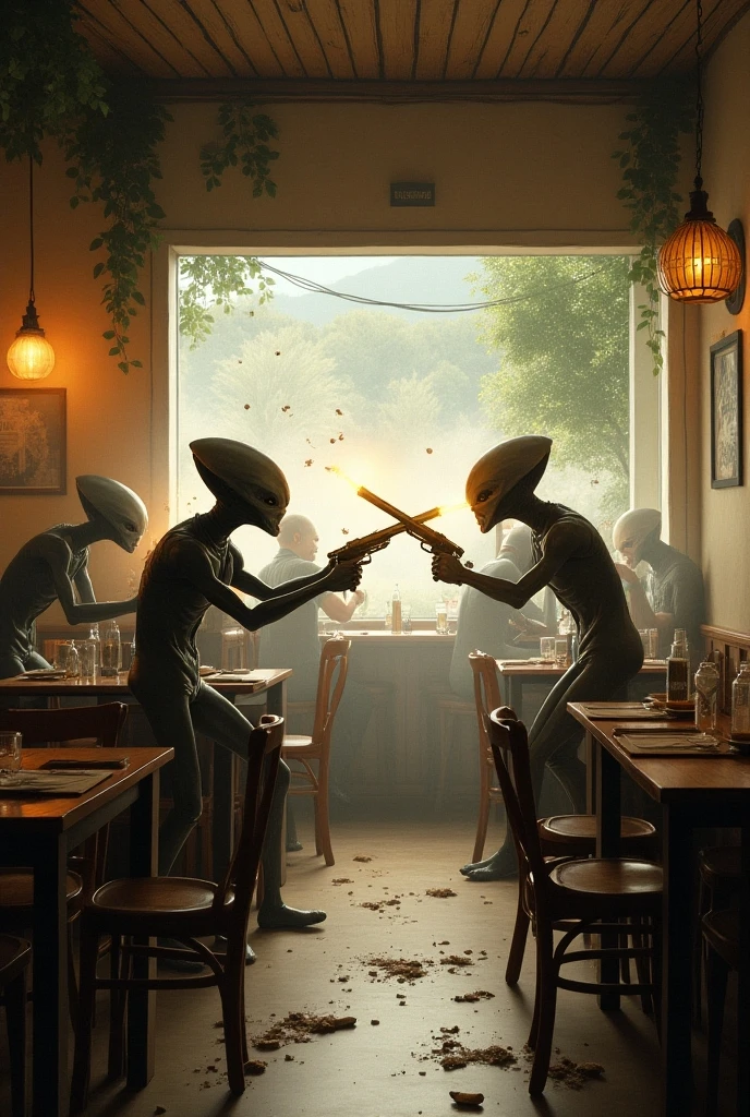Spaceship internally, cafeteria with several killer aliens, the place is taken over by them
