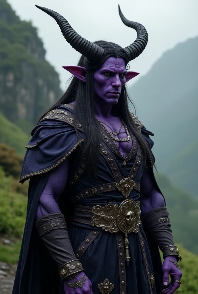 (photorealism:6.5), 3 light purple tiefling with medium horns that curl back smilingly coyly, black hair and trimmed beard, wearing dark studded leather armor on chest with a black cape, dark pants and boots. Full body picture with no background.