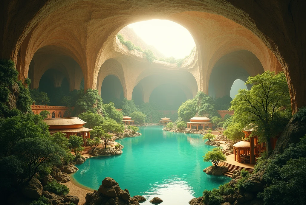 Underground world, subterranean paradise, vast underground space, luminous sand-beige ceilings, trees around a warm underground lake, bustling resort area, “Underground Paradise” written in the center of the photo,