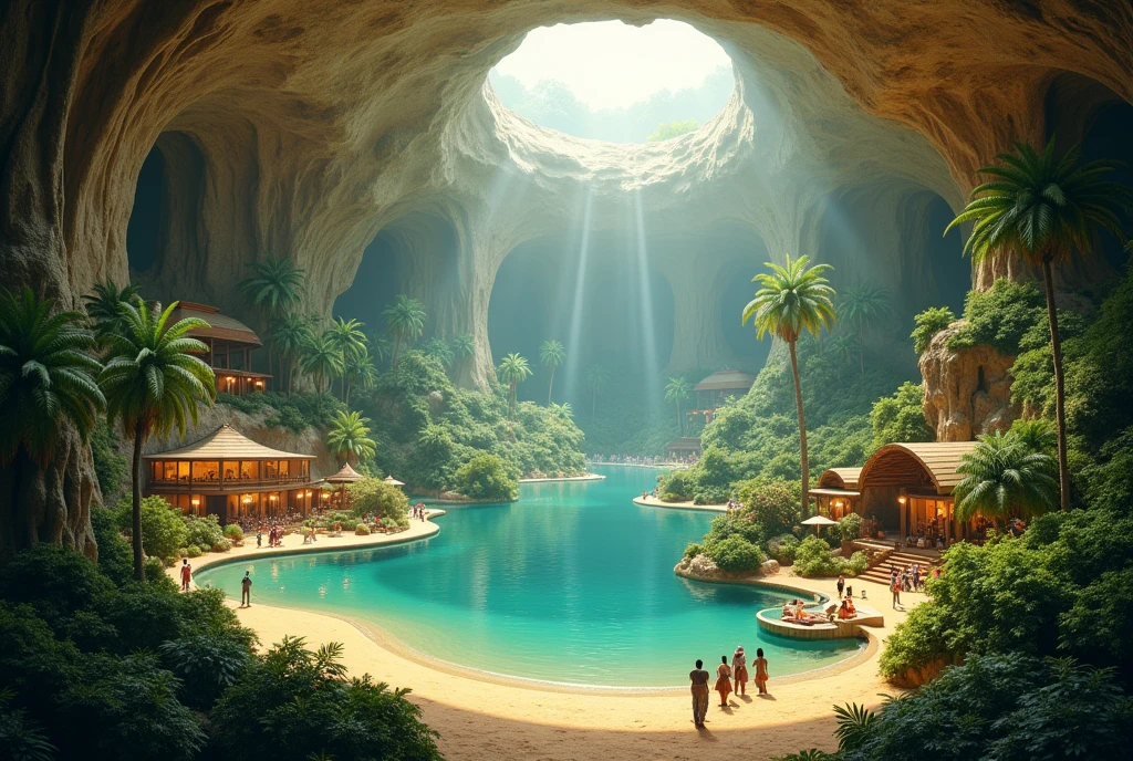 Underground world, subterranean paradise, vast underground space, luminous sand-beige ceilings, trees around a warm underground lake, bustling resort area, “Underground Paradise” written in the center of the photo,