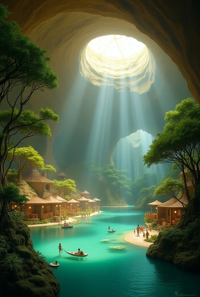 Underground world, subterranean paradise, vast underground space, luminous sand-beige ceilings, trees around a warm underground lake, bustling resort area, “Underground Paradise” written in the center of the photo,