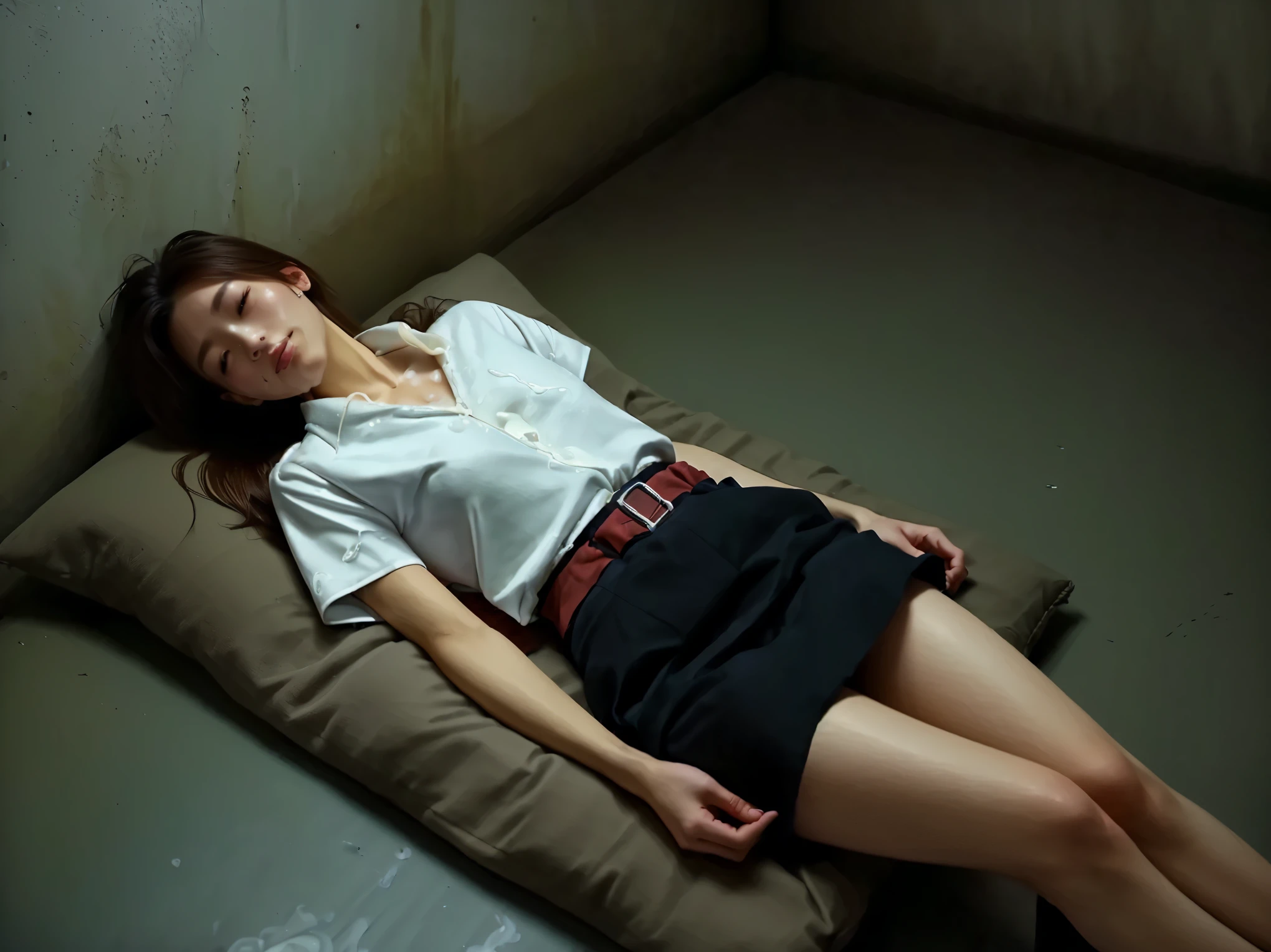 woman laying on a pillow in a room with a wall, with prison clothing, in a prison cell, japanese model, in a small prison cell, sitting in a dark prison cell, taken with canon eos 5 d, taken with a canon eos 5 d, taken with a canon eos 5d, taken with a pentax k1000, ((semen on skirt:1.6)), ((semen on thighs:1.4)),