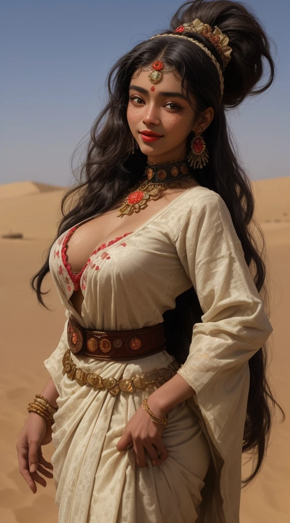 1closeup of an 18 year old girl with sheep  ((african american)), long hair , smiling,((she is very tall)), fleshy lips,big eyes, freckles on the face  ,red lipstick,( pircing on the lip),collar, indian saree open blouse hook nice breast , and makeup, , Looking at camera, High hil shoose, dancing style, background sahara desert,lotup sheep,one baby sheep in hand।Very Long Hair, Hairband, lether belt।shee is sleeping in sahara desert।