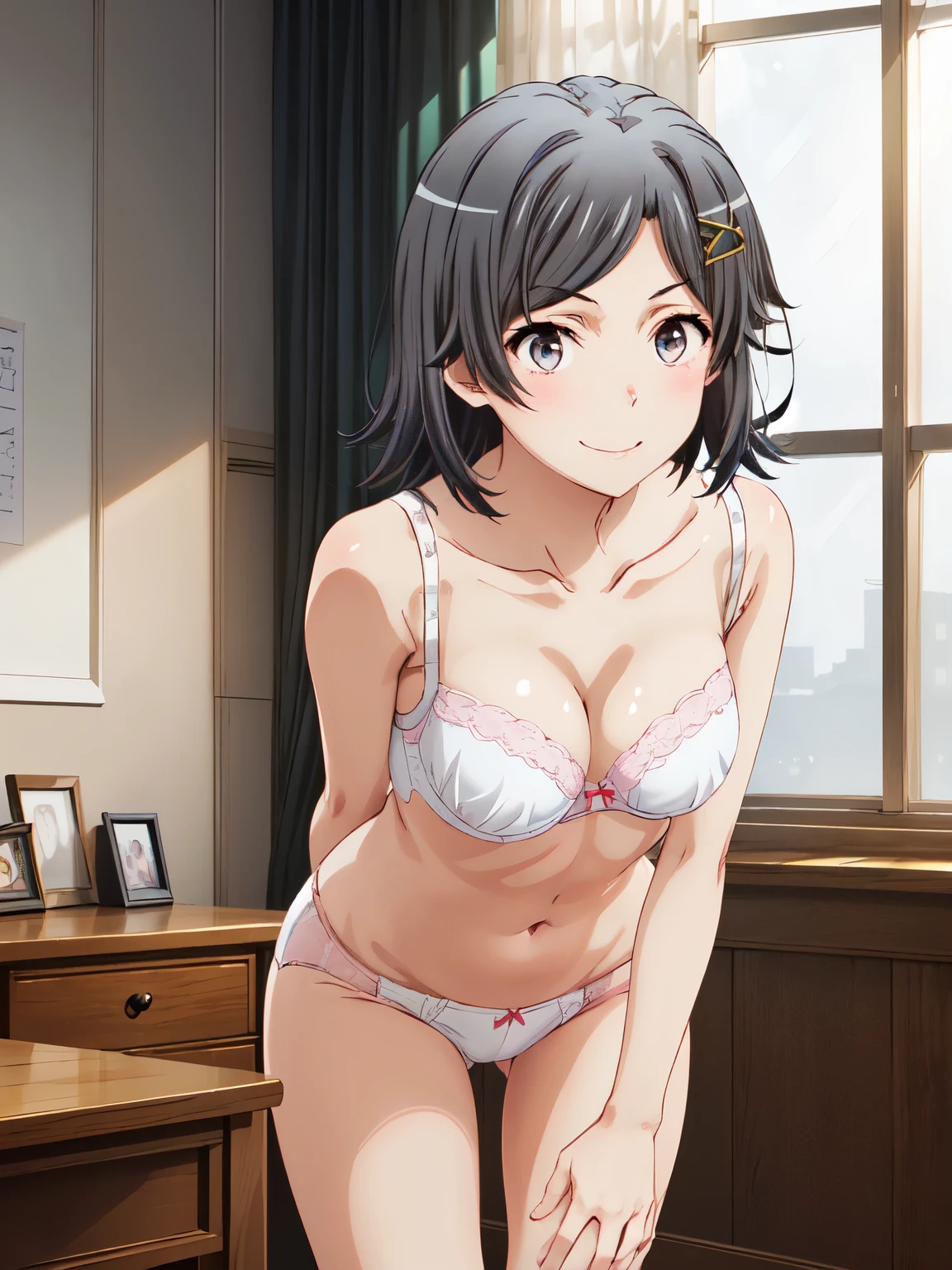  High Resolution 、Highest quality、 shot from the front、smile、Closed Mouth、( anime illustration style:1.3),Hikigaya Komachi、indoor、bet、 shot from the front、indoor、One Girl、solo、Beautiful black hair、Attractive eyes、 (White underwear、Pink underwear:1.5)、smile、Hands Behind Back、(Perfect hands、 Perfect Anatomy),4K. 8 K、 (Actual item、Genuine、写真Genuine:1.5)、 Beautiful thighs、(Leaning forward:1.3)