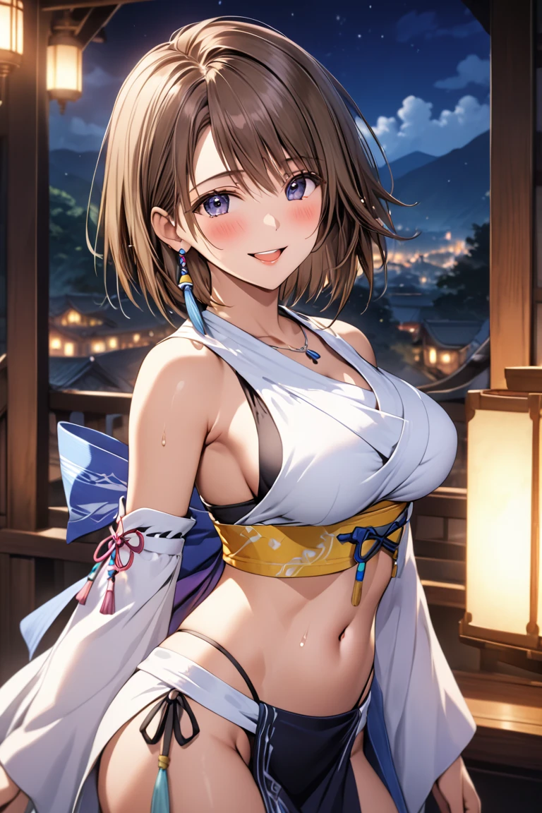 masterpiece, Best Quality, High resolution,16k,official art,super detailed skin,detailed,animated painting,(Yuna),(Final Fantasy 10),1990s \(style\),(E-cup beautiful breasts)、 (tall:1.2),height: 175cm,Fashion model body type、Sexy long legs,Navel exposed,Abdominal muscles、Sweating all over the body、vapor、Muscular、1girl,nsfw,(Ahegao:1.3),smile,blush,(vulgarity:1.3)、Anime-style painting style,Brown Hair,shortcut hair、Close up on upper body,Cinematic lighting,Superfine,magnificent view、inn of fantasy game、night,Seductively Posing