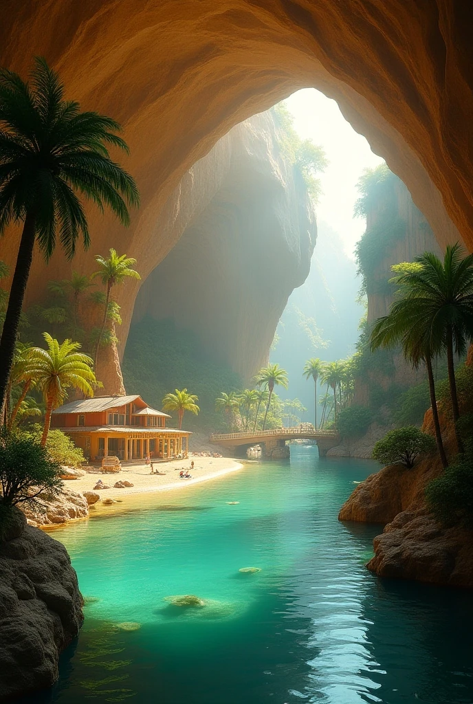 Underground world, ((masterpiece, highest quality, Highest image quality, High resolution, photorealistic, Raw photo, Extremely detailed CG unified 8k wallpaper)), subterranean paradise, vast underground space, luminous sand-beige ceilings, trees around a warm underground lake, bustling resort area, “Underground Paradise” written in the center of the photo,