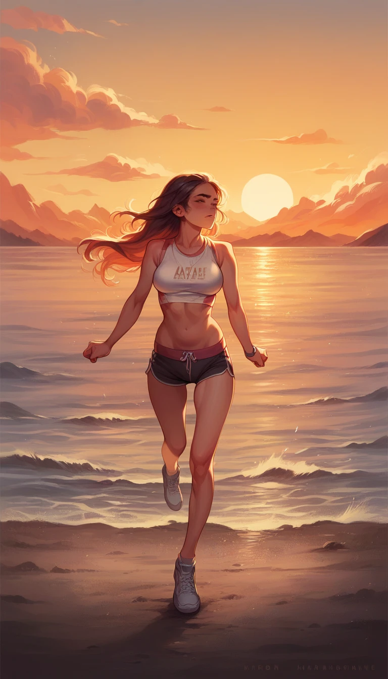 Make a woman, wearing no shirt, without bra, running on the beach