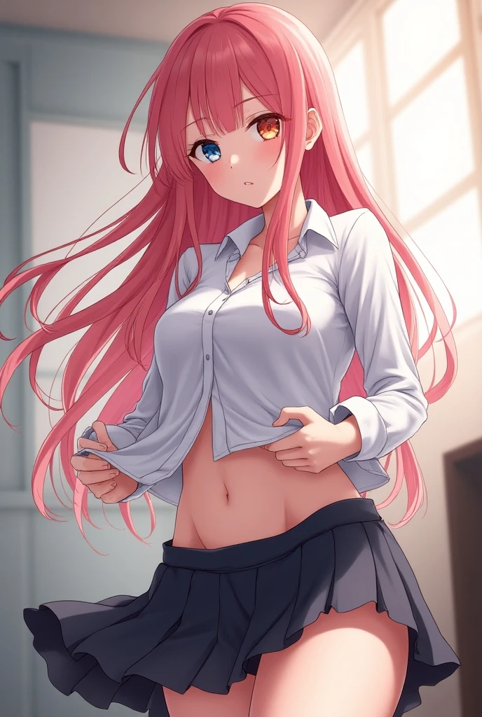riruka, <lora:riruka:1>, (from below), stockings, black skirt, school hallway, medium breasts, blush